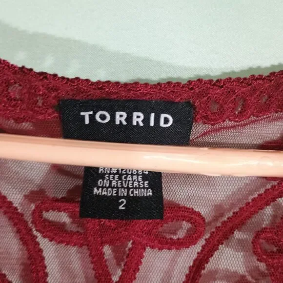 Red Lace Tank Top Women's Sheer Embroidered Boho Sleeveless Scalloped Hem Blouse - Picture 3 of 4